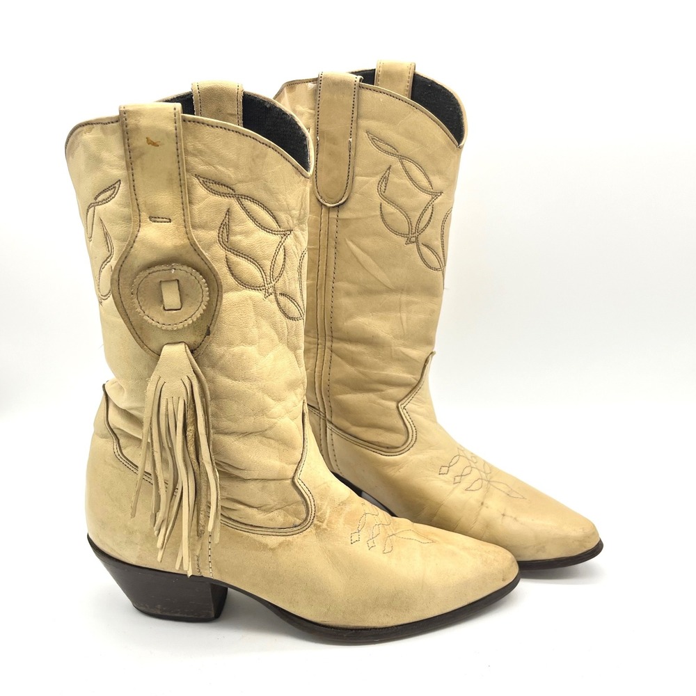 Laredo Vintage Tan Leather Fringe Tassel Western Cowboy Boots Made in USA Womens